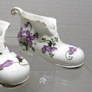 2 Vtg Fine Bone China Miniature SHOE Boot Lu Pao Hand Painted VIOLETS 3.75"